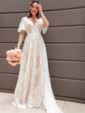 A-Line/Princess Short Sleeves V-neck Sash/Ribbon/Belt Sweep/Brush Train Wedding Dresses