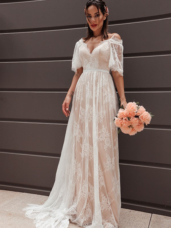 A-Line/Princess Short Sleeves V-neck Sash/Ribbon/Belt Sweep/Brush Train Wedding Dresses