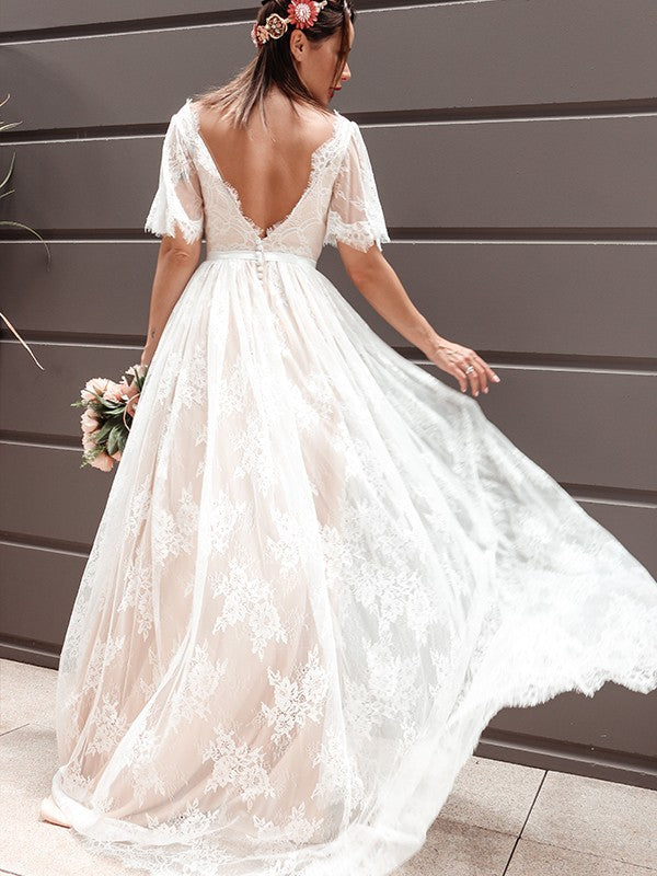 A-Line/Princess Short Sleeves V-neck Sash/Ribbon/Belt Sweep/Brush Train Wedding Dresses