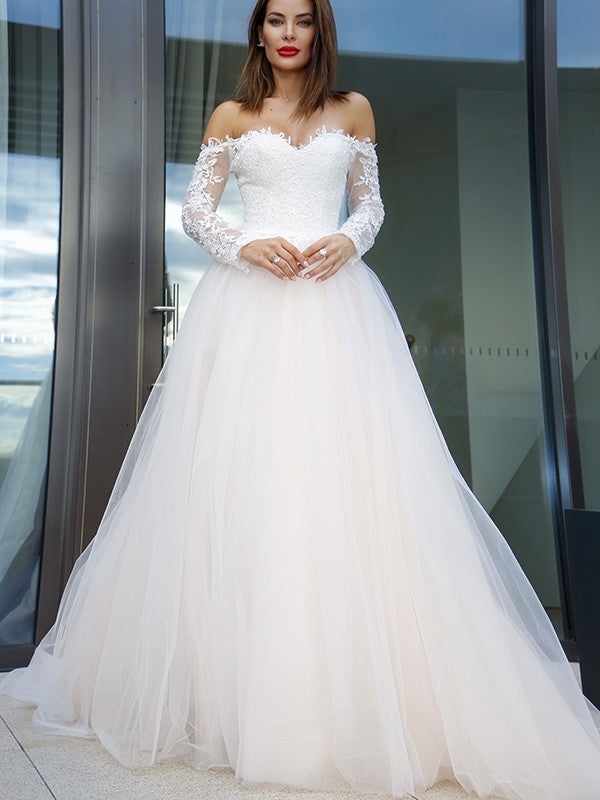 A-Line/Princess Long Sleeves Applique Off-the-Shoulder Court Train Wedding Dresses