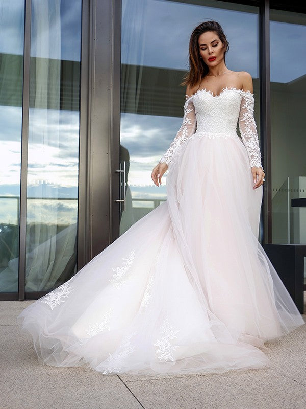A-Line/Princess Long Sleeves Applique Off-the-Shoulder Court Train Wedding Dresses