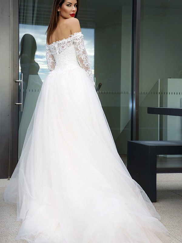 A-Line/Princess Long Sleeves Applique Off-the-Shoulder Court Train Wedding Dresses