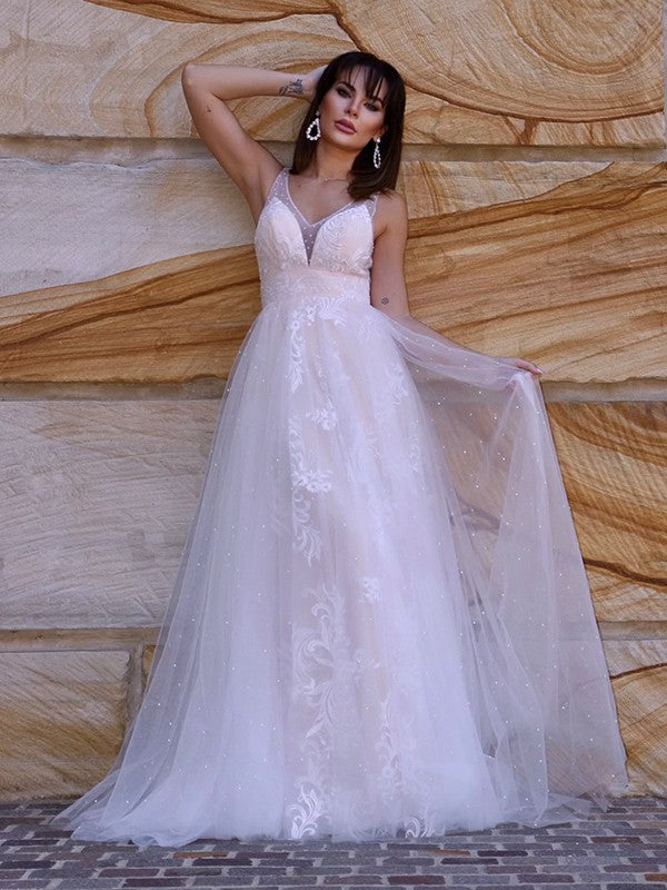 A-Line/Princess Applique V-neck Sleeveless Sweep/Brush Train Wedding Dresses