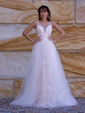 A-Line/Princess Applique V-neck Sleeveless Sweep/Brush Train Wedding Dresses