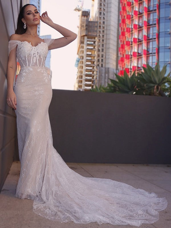 Sheath/Column Sleeveless Off-the-Shoulder Applique Court Train Wedding Dresses