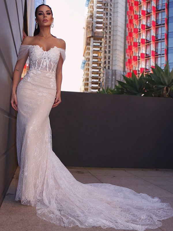 Sheath/Column Sleeveless Off-the-Shoulder Applique Court Train Wedding Dresses