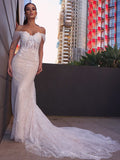 Sheath/Column Sleeveless Off-the-Shoulder Applique Court Train Wedding Dresses