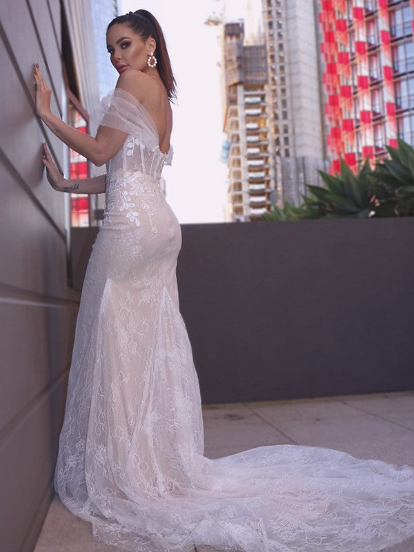 Sheath/Column Sleeveless Off-the-Shoulder Applique Court Train Wedding Dresses