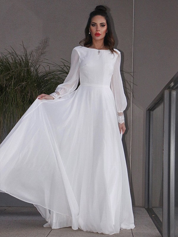 A-Line/Princess Ruffles Long Sleeves Scoop Sweep/Brush Train Wedding Dresses
