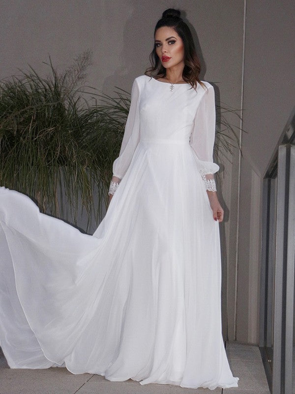 A-Line/Princess Ruffles Long Sleeves Scoop Sweep/Brush Train Wedding Dresses