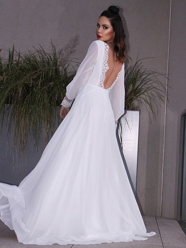 A-Line/Princess Ruffles Long Sleeves Scoop Sweep/Brush Train Wedding Dresses