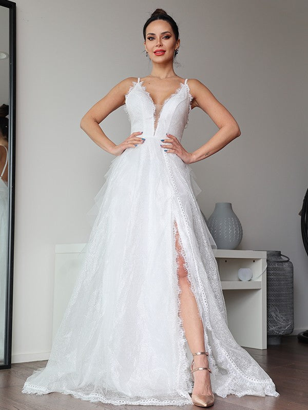 A-Line/Princess Ruffles V-neck Sleeveless Sweep/Brush Train Wedding Dresses