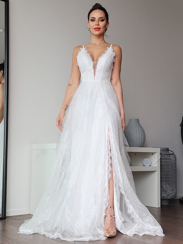 A-Line/Princess Ruffles V-neck Sleeveless Sweep/Brush Train Wedding Dresses