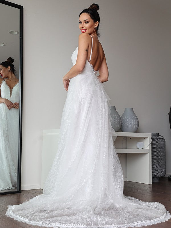 A-Line/Princess Ruffles V-neck Sleeveless Sweep/Brush Train Wedding Dresses