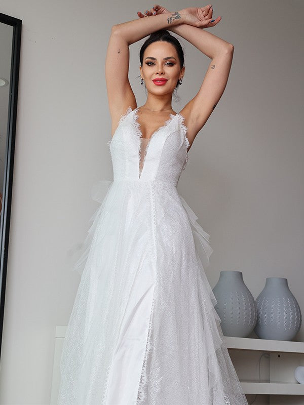 A-Line/Princess Ruffles V-neck Sleeveless Sweep/Brush Train Wedding Dresses