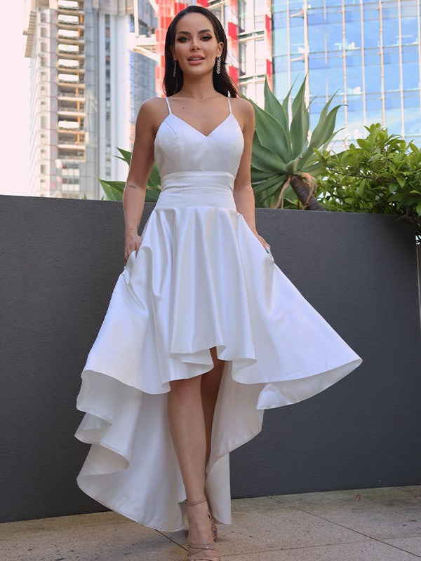 A-Line/Princess Ruched V-neck Sleeveless Asymmetrical Wedding Dresses