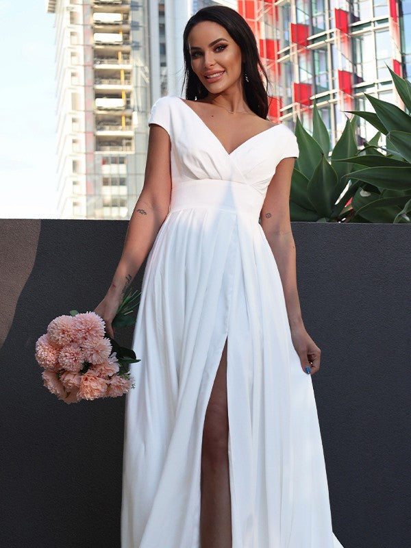 A-Line/Princess Ruffles V-neck Short Sleeves Sweep/Brush Train Wedding Dresses