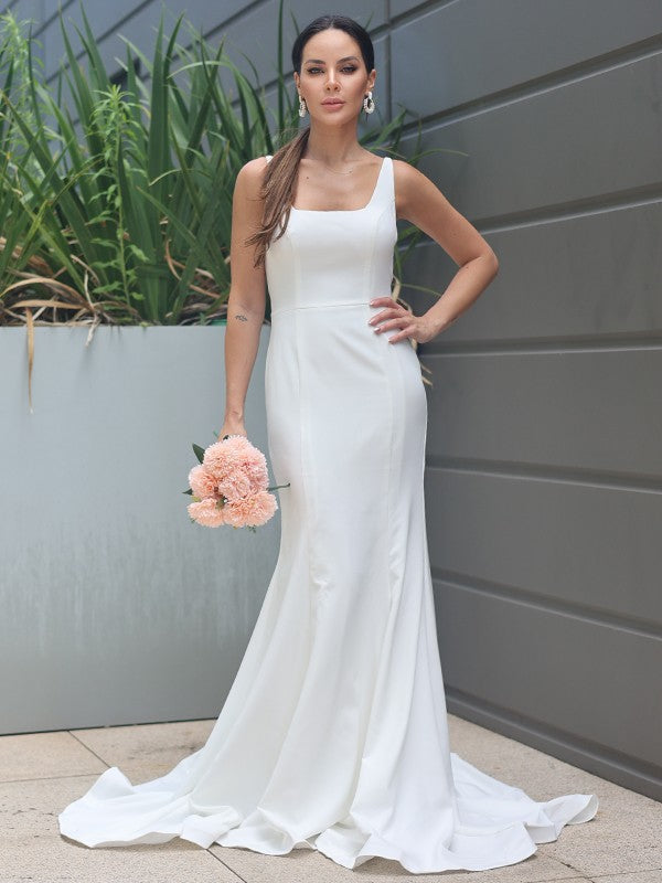 Sheath/Column Ruffles Straps Sleeveless Sweep/Brush Train Wedding Dresses