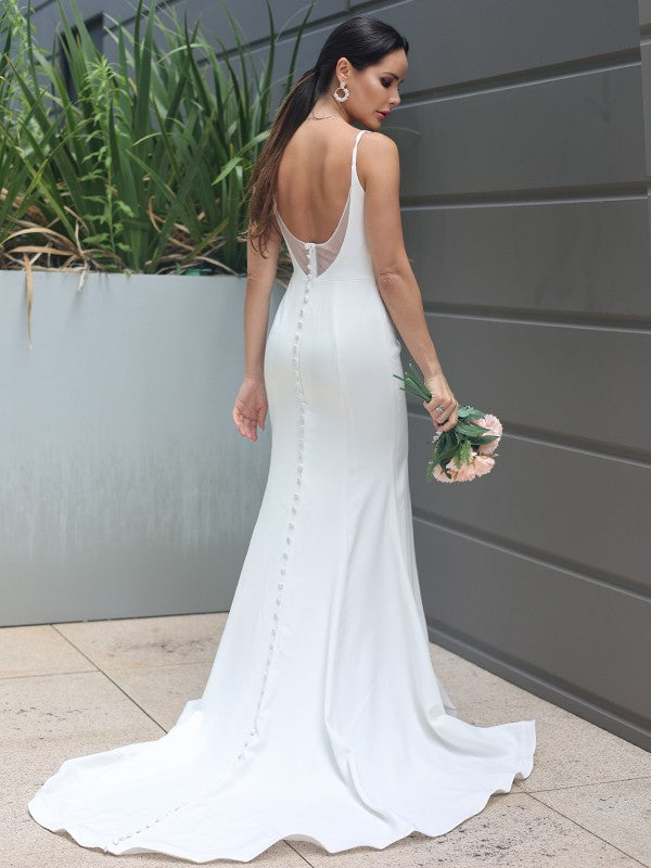 Sheath/Column Ruffles Straps Sleeveless Sweep/Brush Train Wedding Dresses