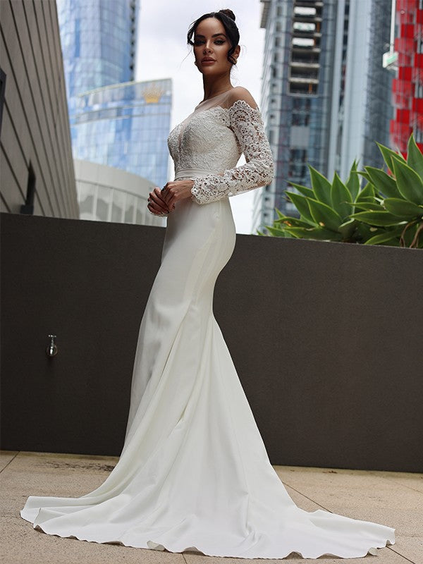 Sheath/Column Scoop Long Sleeves Sweep/Brush Train Wedding Dresses