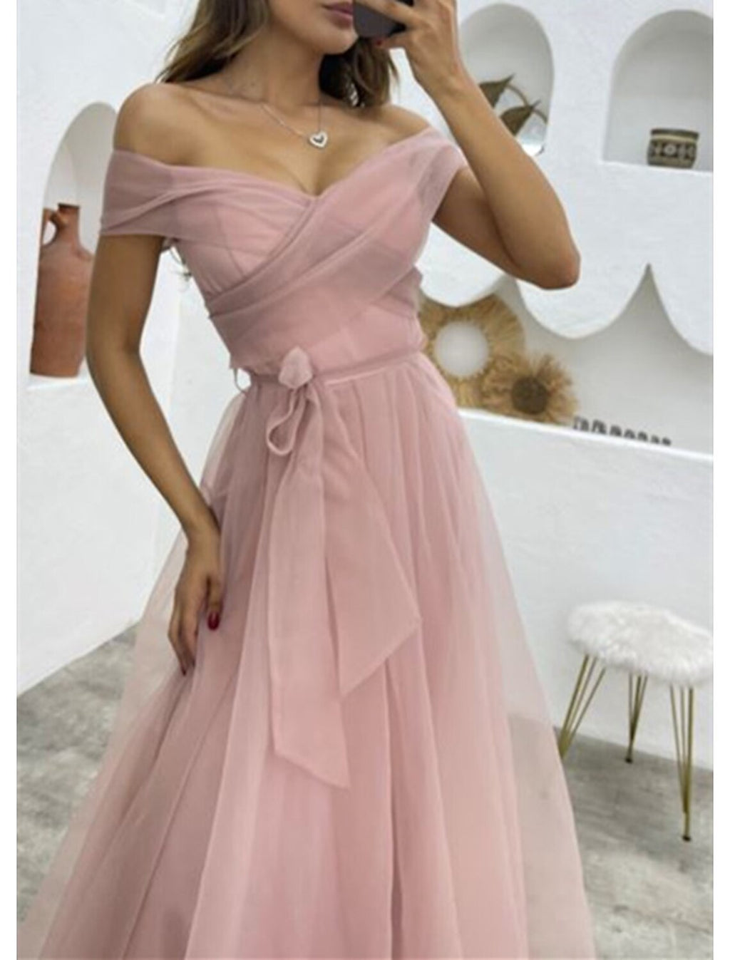Evening Gown 1950s Dress Formal Wedding Reception Floor Length Sleeveless Off Shoulder with Strappy