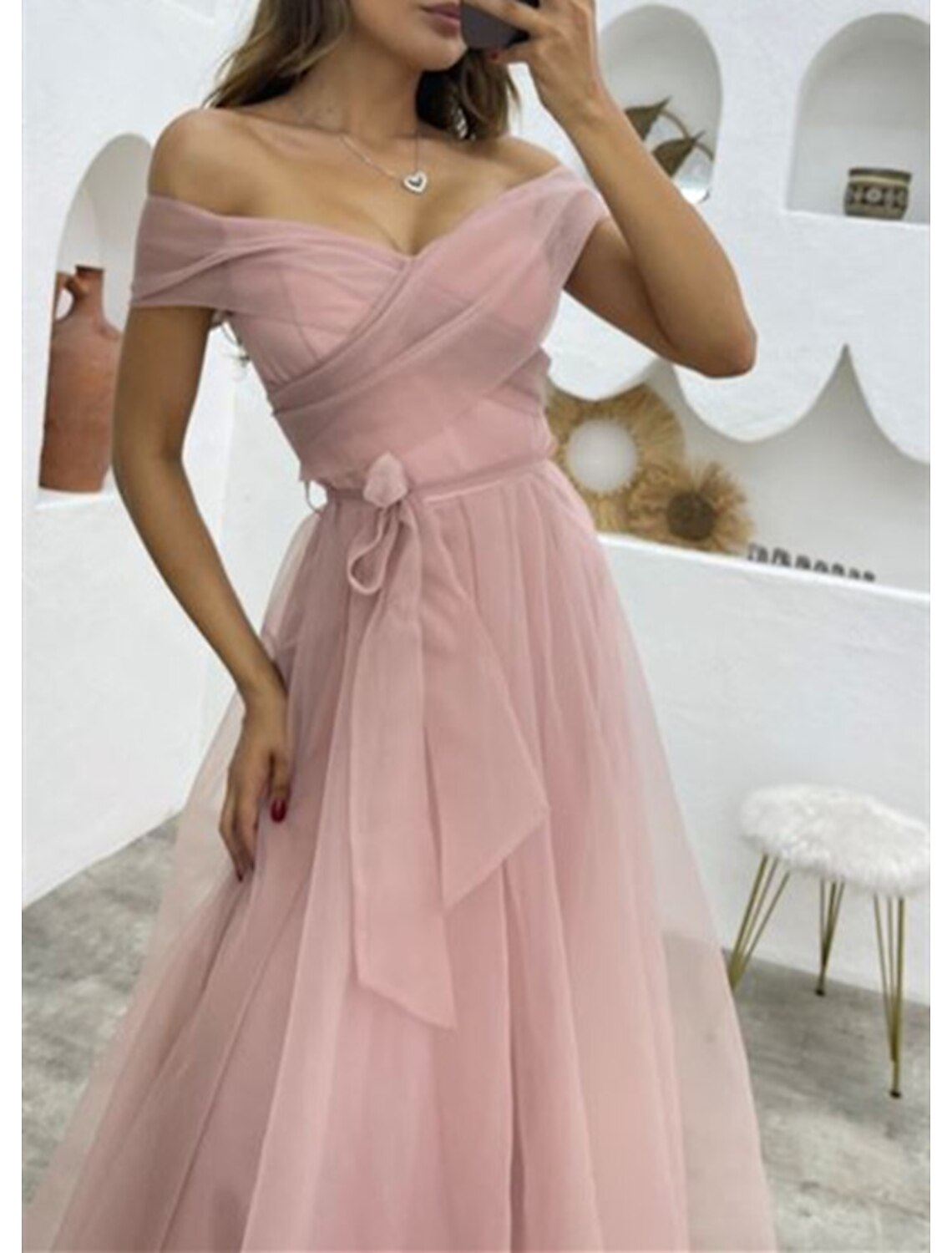 Evening Gown 1950s Dress Formal Wedding Reception Floor Length Sleeveless Off Shoulder with Strappy