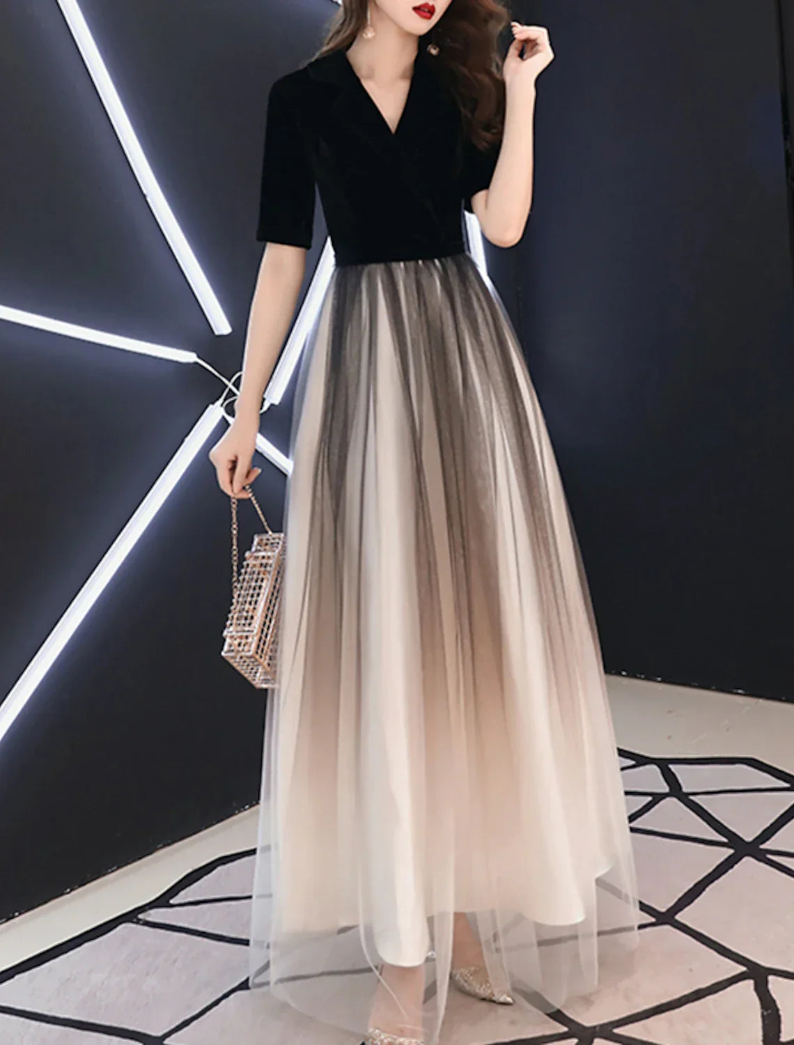Minimalist Gradient Engagement Formal Evening Dress V Neck Half Sleeve Floor Length with Sleek