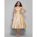 Minimalist Elegant Cocktail Party Wedding Party Dress One Shoulder Sleeveless Tea Length Taffeta with Sash / Ribbon