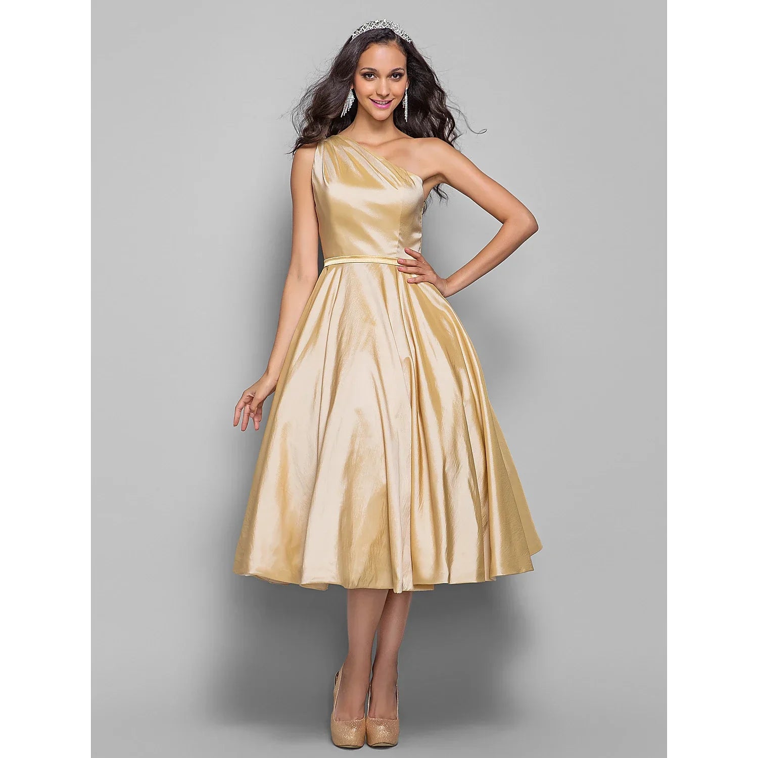 Minimalist Elegant Cocktail Party Wedding Party Dress One Shoulder Sleeveless Tea Length Taffeta with Sash / Ribbon
