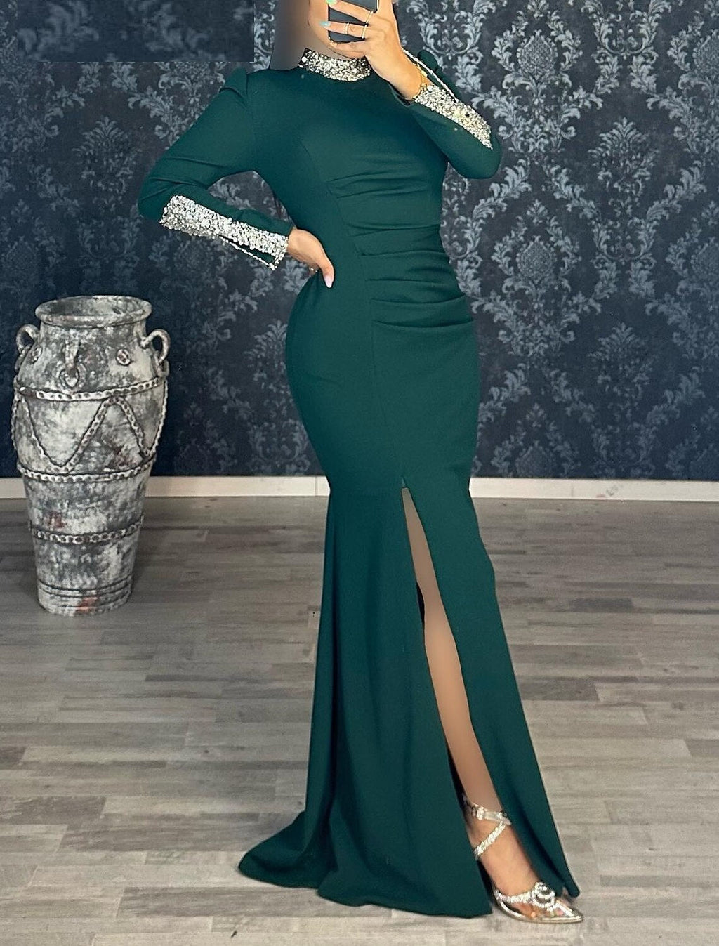 Black Mermaid Dress Plus Size Evening Gown Glittering Dress Formal Wedding Guest Floor Length Long Sleeve High Neck Fabric