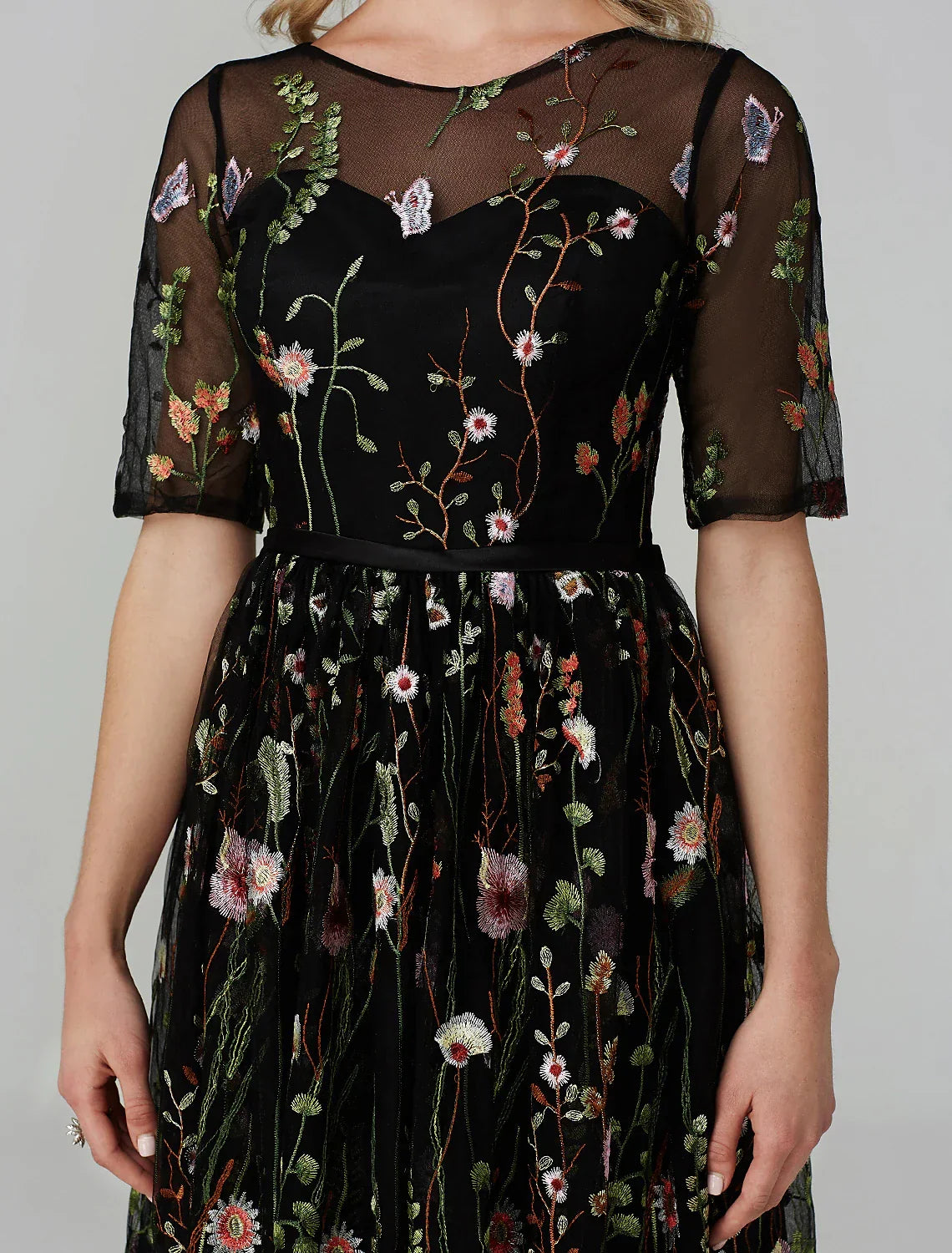 Holiday Tea Length Half Sleeve Illusion Neck Fall Wedding Guest with Embroidery Appliques