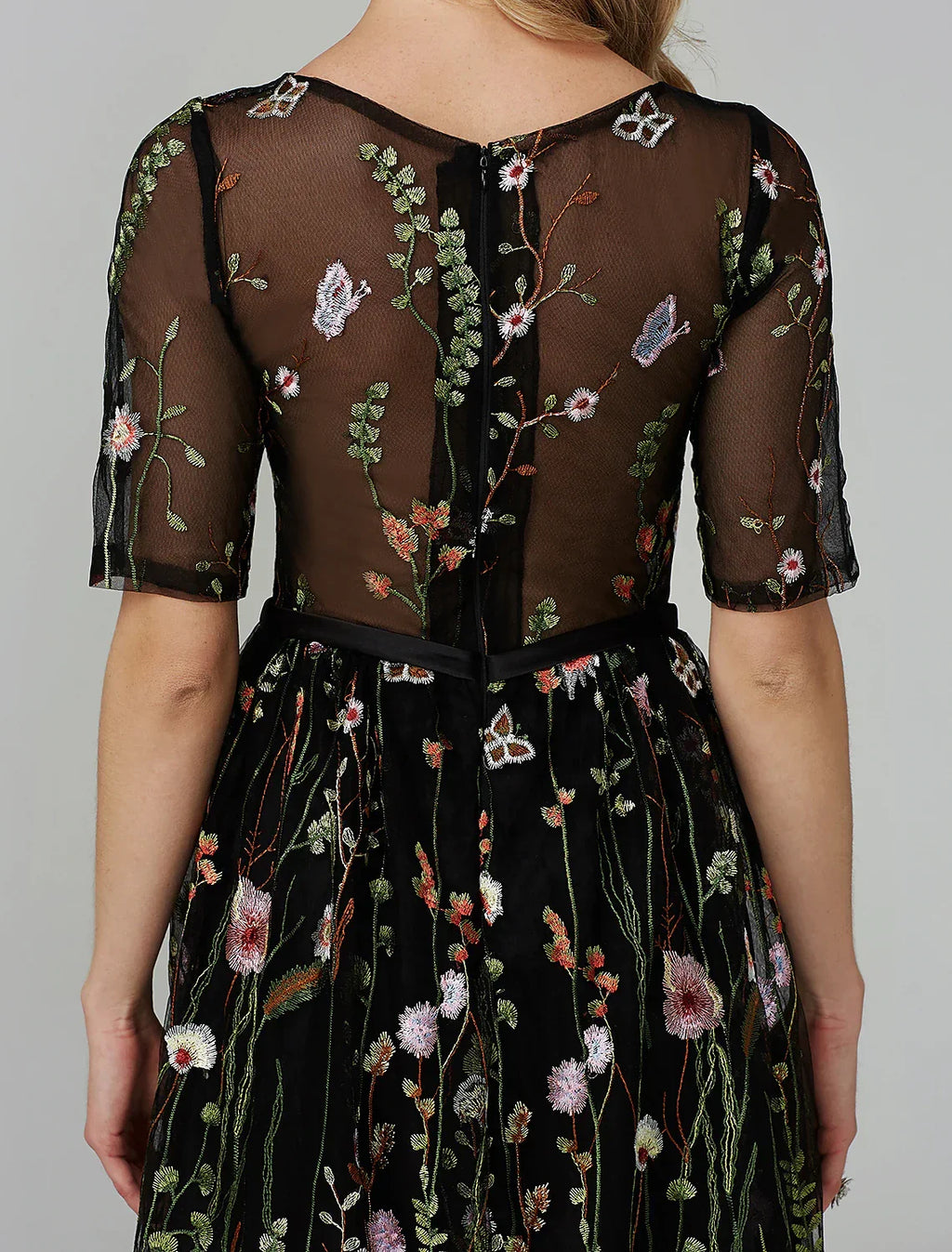 Holiday Tea Length Half Sleeve Illusion Neck Fall Wedding Guest with Embroidery Appliques