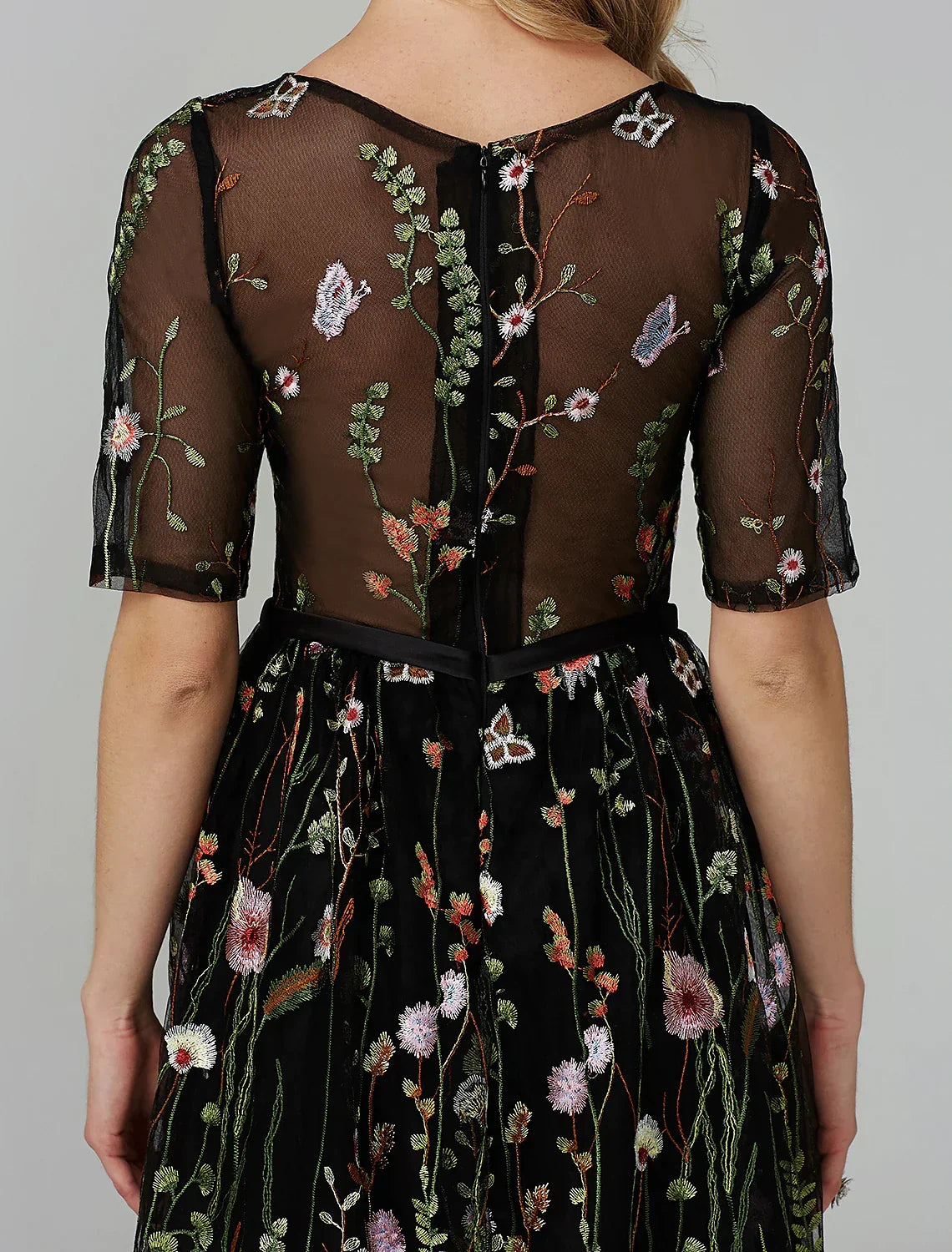 Holiday Tea Length Half Sleeve Illusion Neck Fall Wedding Guest with Embroidery Appliques