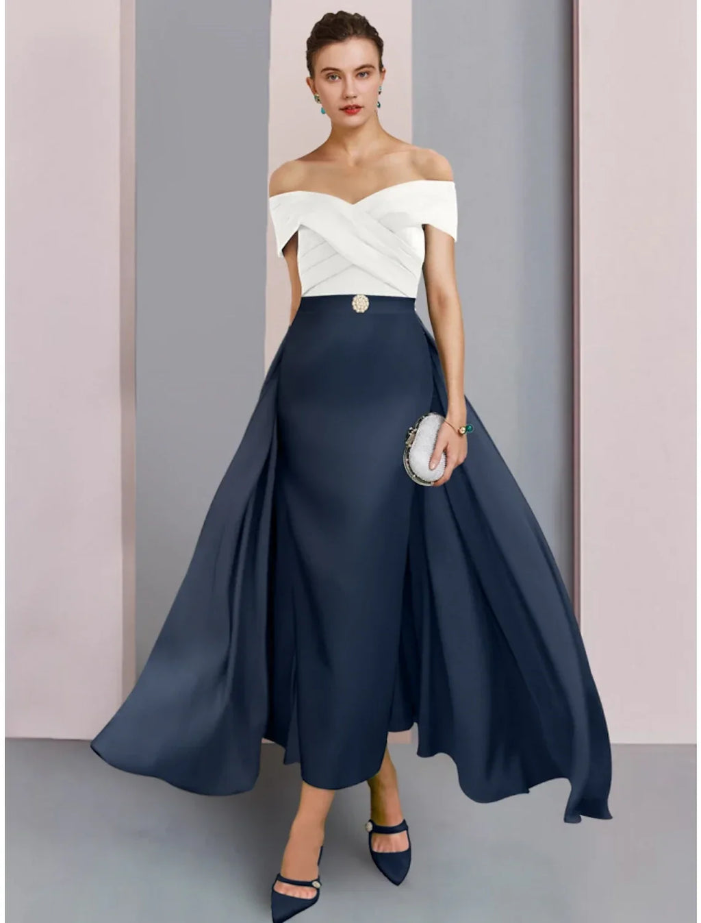Mother of the Bride Dress Wedding Guest Elegant Off Shoulder Ankle Length Fabric Short Sleeve with Crystal Brooch Ruching