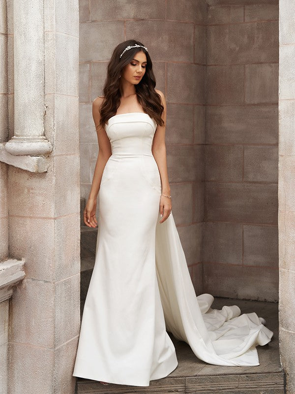 Sheath/Column Ruched Strapless Sleeveless Court Train Wedding Dresses