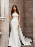 Sheath/Column Ruched Strapless Sleeveless Court Train Wedding Dresses