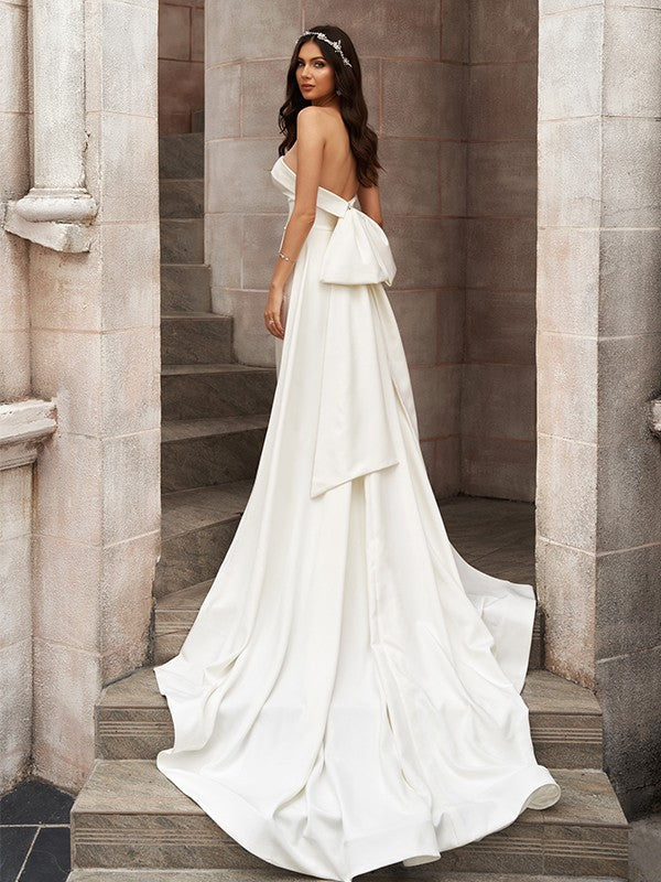 Sheath/Column Ruched Strapless Sleeveless Court Train Wedding Dresses