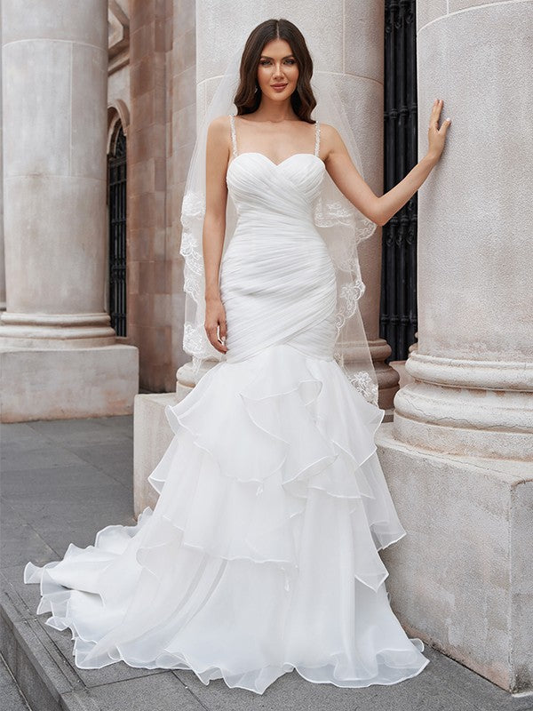 Trumpet/Mermaid Layers Spaghetti Straps Sleeveless Sweep/Brush Train Wedding Dresses
