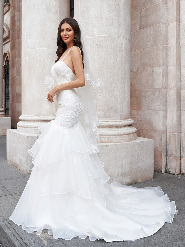 Trumpet/Mermaid Layers Spaghetti Straps Sleeveless Sweep/Brush Train Wedding Dresses