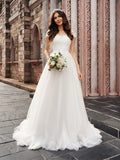 A-Line/Princess Applique Off-the-Shoulder Sleeveless Court Train Wedding Dresses