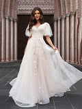 A-Line/Princess Applique V-neck 1/2 Sleeves Court Train Wedding Dresses