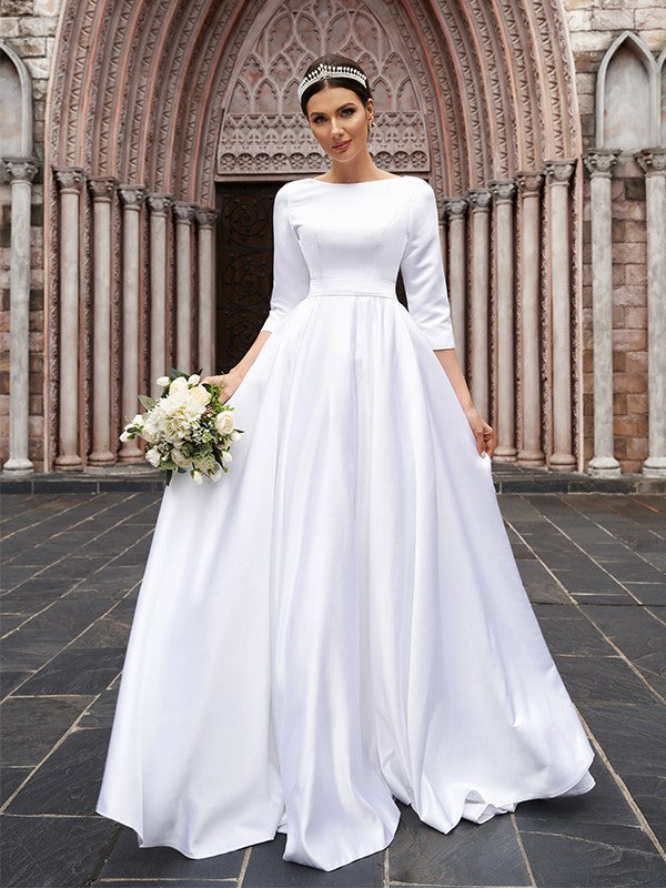A-Line/Princess Bowknot Bateau 3/4 Sleeves Sweep/Brush Train Wedding Dresses