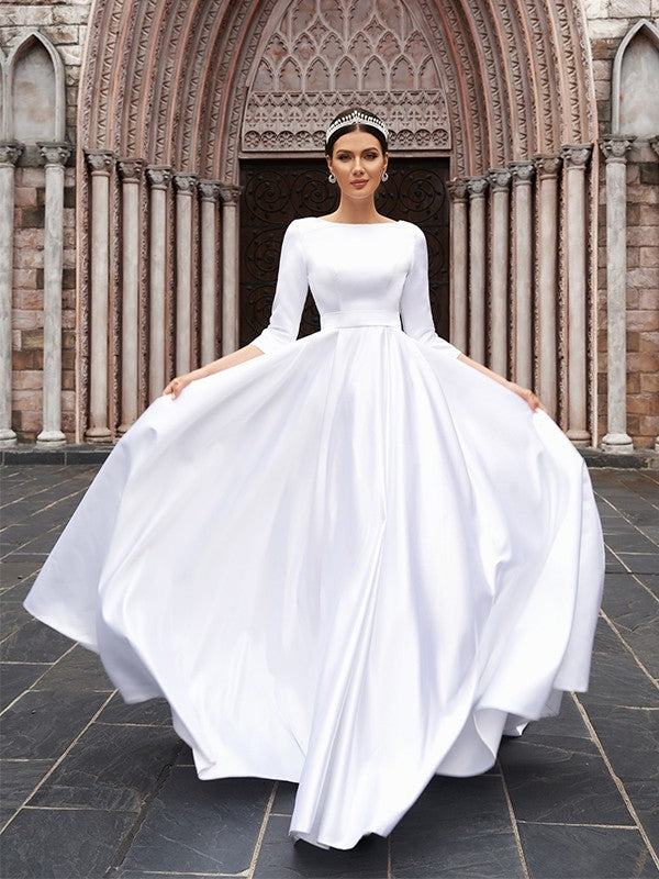 A-Line/Princess Bowknot Bateau 3/4 Sleeves Sweep/Brush Train Wedding Dresses