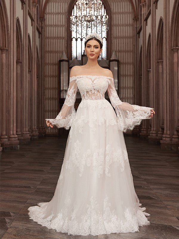A-Line/Princess Off-the-Shoulder Long Sleeves Applique Sweep/Brush Train Wedding Dresses