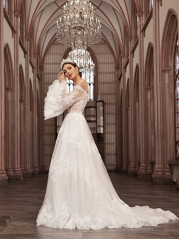 A-Line/Princess Off-the-Shoulder Long Sleeves Applique Sweep/Brush Train Wedding Dresses