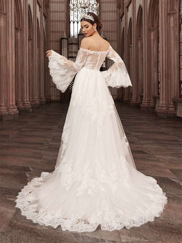 A-Line/Princess Off-the-Shoulder Long Sleeves Applique Sweep/Brush Train Wedding Dresses