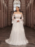 A-Line/Princess Off-the-Shoulder Long Sleeves Applique Sweep/Brush Train Wedding Dresses
