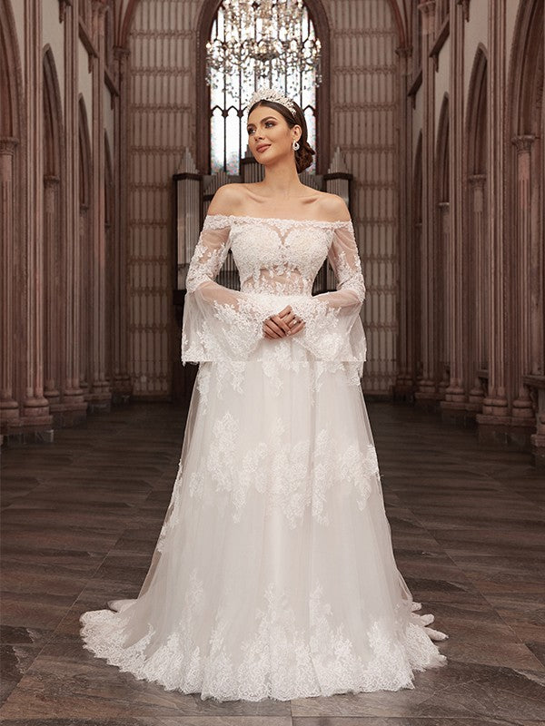 A-Line/Princess Off-the-Shoulder Long Sleeves Applique Sweep/Brush Train Wedding Dresses