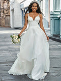 A-Line/Princess V-neck Sleeveless Beading Sweep/Brush Train Wedding Dresses