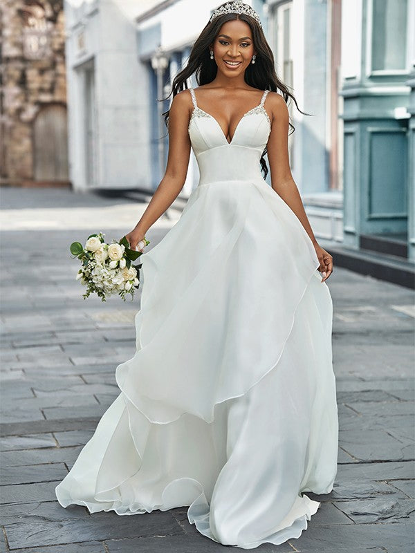 A-Line/Princess V-neck Sleeveless Beading Sweep/Brush Train Wedding Dresses